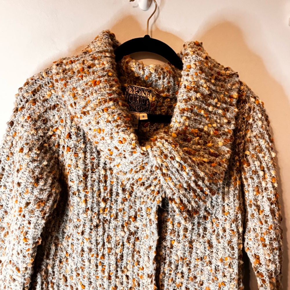 Curio Button Up Cardigan Sweater Size Small Blue Brown Chunky Knit Cowl Neck - Picture 5 of 11